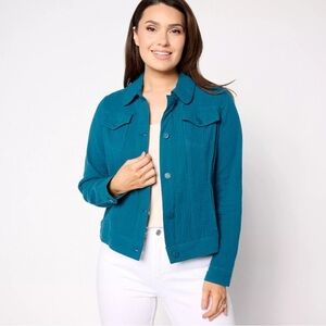 Isaac Mizrahi Live! Bridgehampton teal Cotton Gauze Jacket. 
NEW Size 1X